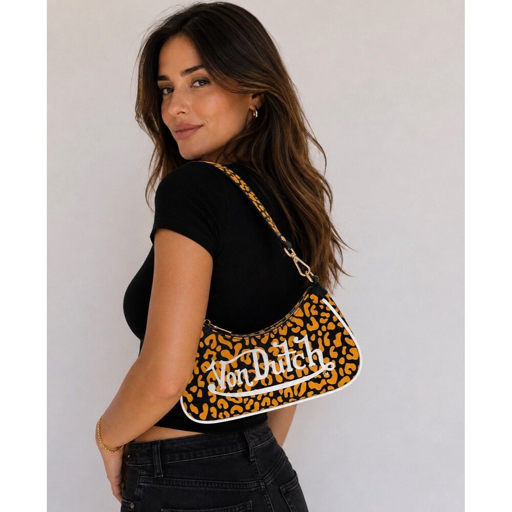 VON DUTCH Orange Cheetah Shoulder Bag Y2K Animal Print Vegan Leather Charm Black